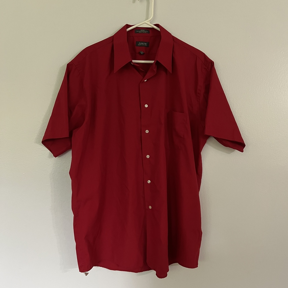 Arrow Short Sleeve Shirt XL Red Poplin Casual Chest Pocket Classic Comfortable